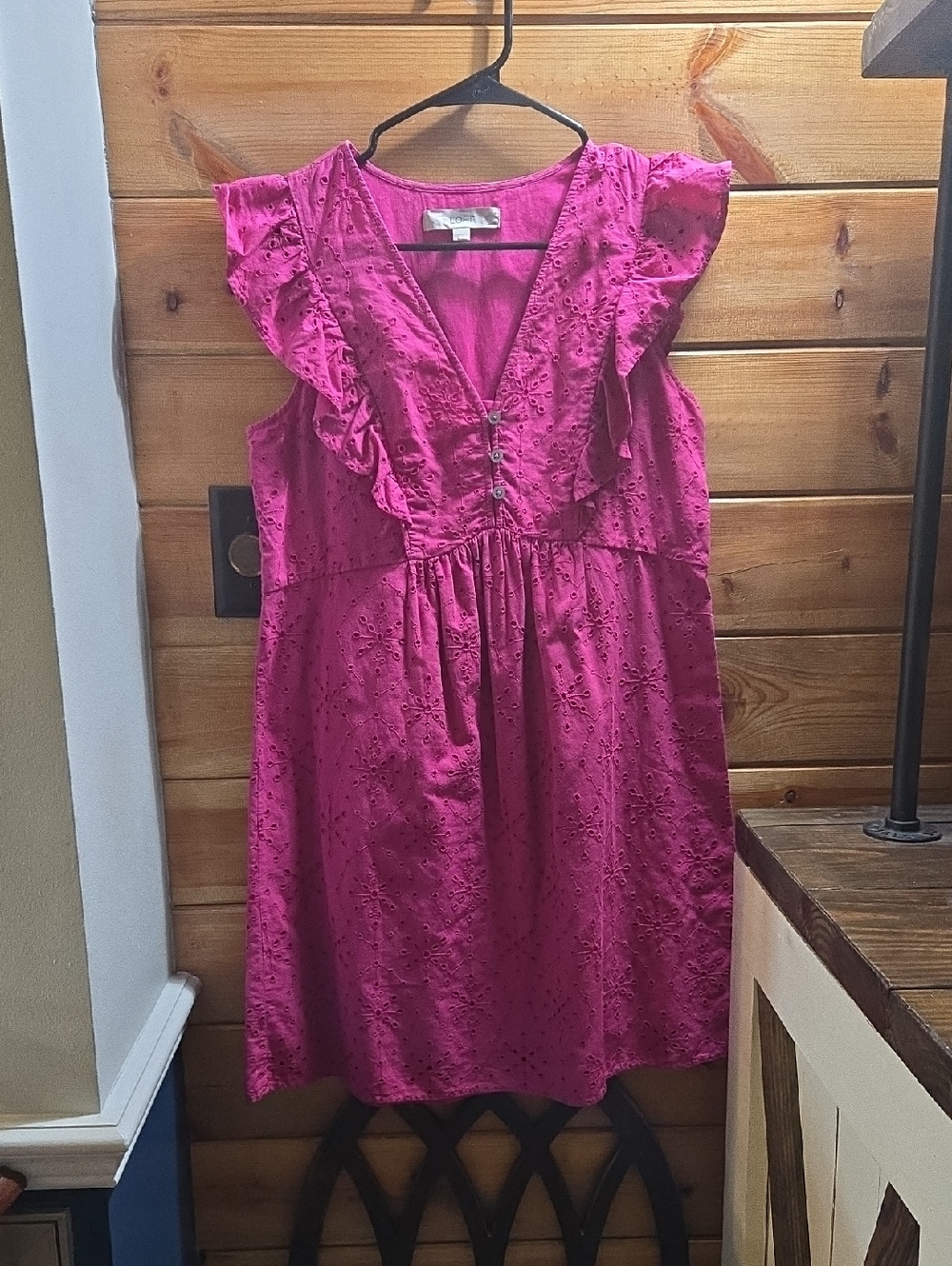 Loft Fuchsia Eyelet Ruffle Dress XXS Oversized 0469